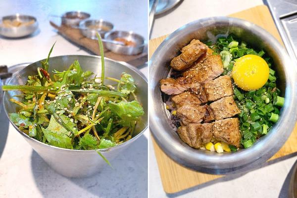 'Banchan' (left). Smoked pork belly 'sot bap' (right).